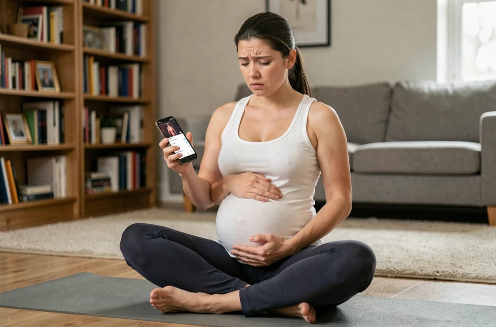 Femme enceinte inquiète sur un tapis de yoga consultant son téléphone, symbolisant les préoccupations liées au stress prénatal et ses conséquences sur le développement du bébé