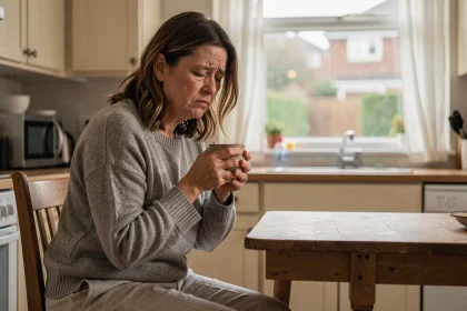 Femme fatiguée atteinte de fibromyalgie tenant une tasse de café le matin dans sa cuisine