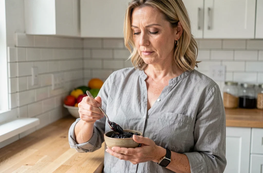 Femme d'âge moyen dégustant une compote de pruneau dans un bol en céramique dans une cuisine moderne, scène naturelle et apaisante illustrant la consommation de compote contre la constipation