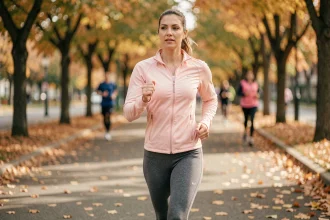 Femme qui marche rapidement sur un chemin boisé en automne dans le cadre d'un programme minceur