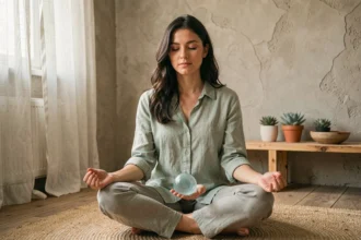 Femme en méditation tenant une pierre d'amazonite pour réduire le stress et l'anxiété dans un intérieur minimaliste