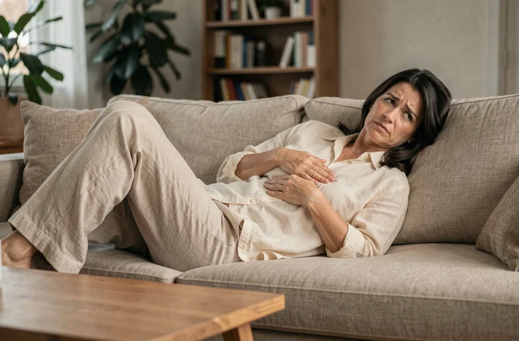 Femme allongée sur un canapé tenant sa main sur le plexus solaire, illustrant le lien entre troubles digestifs et palpitations cardiaques
