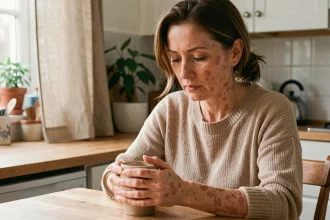 Femme adulte atteinte de psoriasis aux mains tenant une tasse dans une cuisine, illustrant l'impact quotidien de la maladie sur la qualité de vie