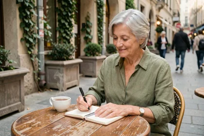 Femme retraitée souriante écrivant dans un journal dans un café de quartier, illustrant la sérénité et le lien social après la retraite