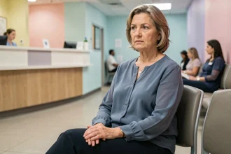 Femme d'âge moyen assise dans une salle d'attente médicale, illustrant l'absence de symptômes visibles de l'insuffisance rénale chronique