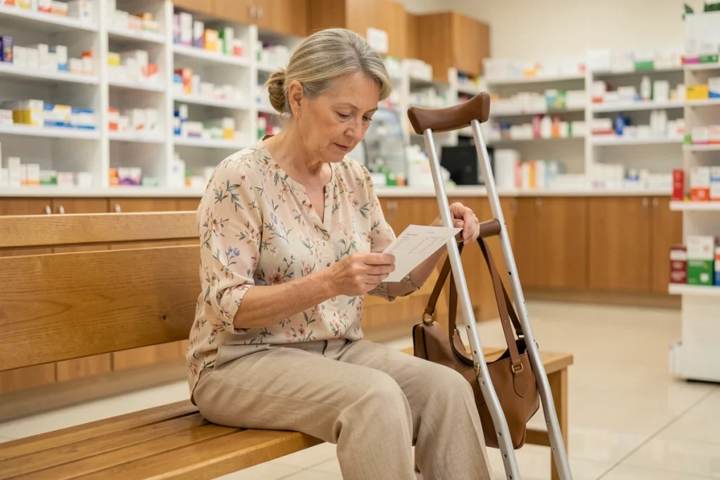 Femme âgée en pharmacie avec une béquille et un sac accroché au grip de la béquille