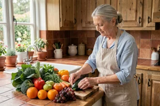 Femme de 60 ans préparant des légumes et fruits frais dans une cuisine chaleureuse pour une alimentation équilibrée renforçant l'immunité