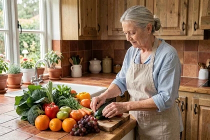 Femme de 60 ans préparant des légumes et fruits frais dans une cuisine chaleureuse pour une alimentation équilibrée renforçant l'immunité