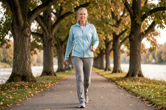 Femme senior marchant à pas vifs sur un chemin pavé en automne pour évaluer sa vitesse de marche