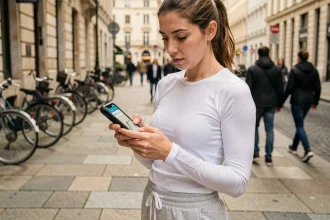 Femme consultant son smartphone pour estimer un trajet à pied en ville