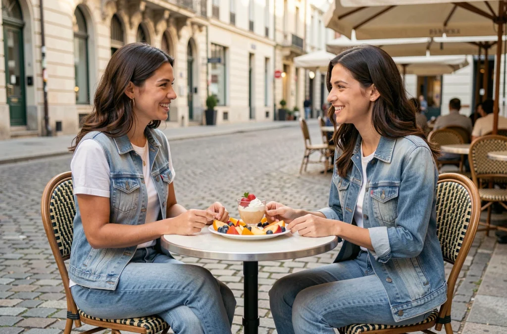 Deux femmes en terrasse de café partageant des fruits frais et un yaourt pour un encas équilibré sans grignotage