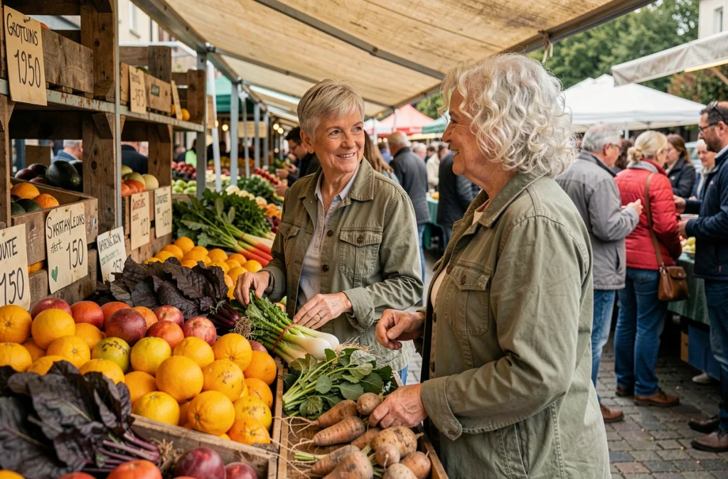 Deux femmes seniors choisissant des fruits et légumes frais au marché pour une alimentation saine et renforcer leur immunité