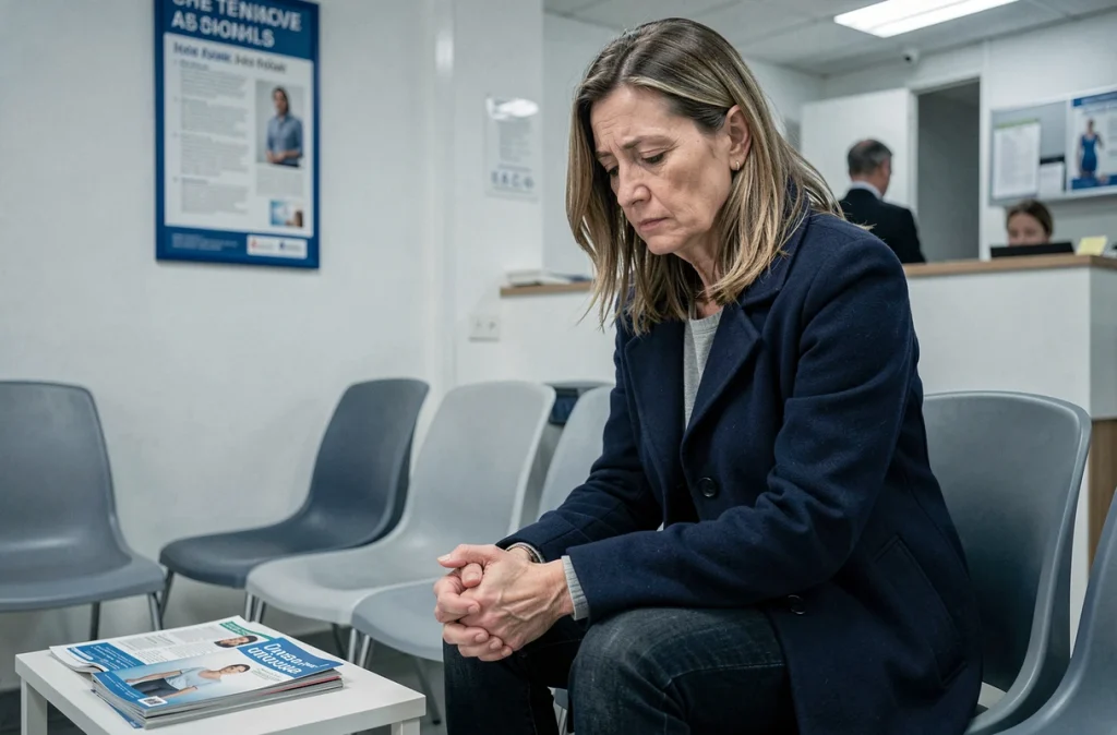 Femme atteinte de fibromyalgie en salle d'attente d'un cabinet médical en France