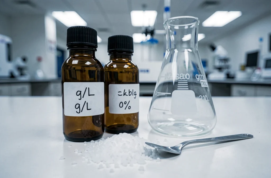 Flacons de réactifs et fiole jaugée étiquetés avec des concentrations en g/L et en pourcentage sur une paillasse de laboratoire
