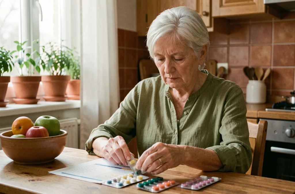 Une femme senior de 72 ans organisant ses médicaments contre l'arthrose à la maison, illustrant la gestion quotidienne du traitement