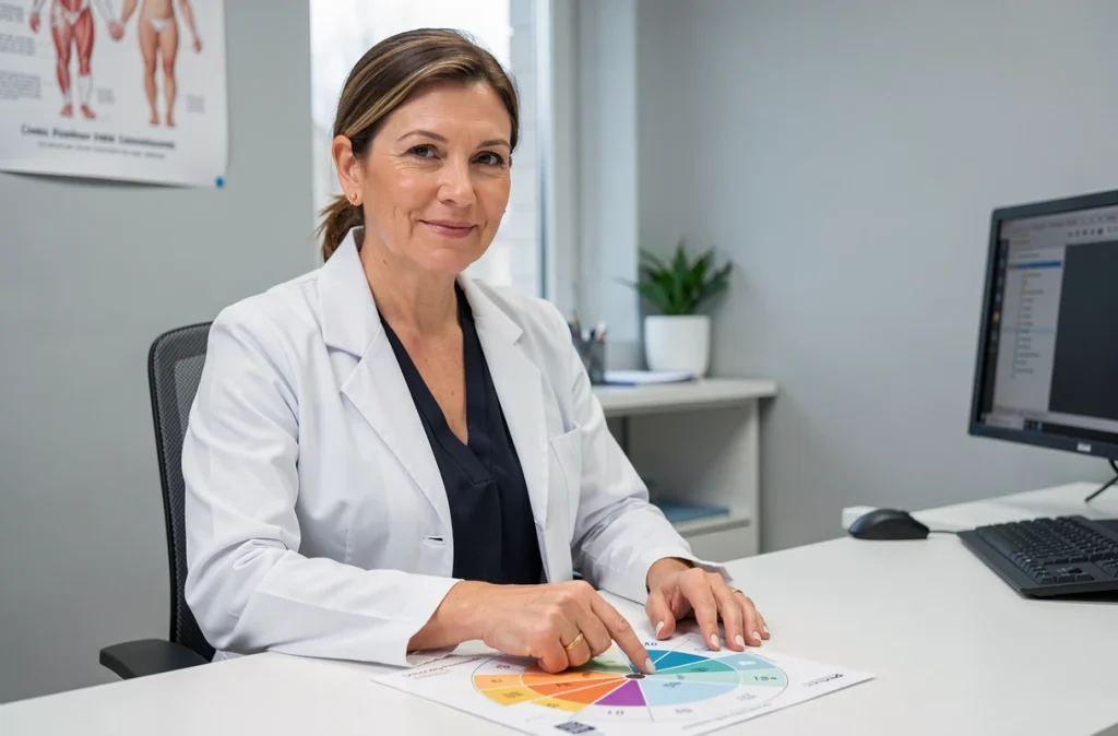 Gynécologue en consultation expliquant le calcul du terme de grossesse avec une roue obstétricale