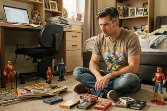 Homme adulte assis parmi des jouets d'enfance dans une chambre mêlant objets nostalgiques et responsabilités adultes, illustrant le syndrome de Peter Pan