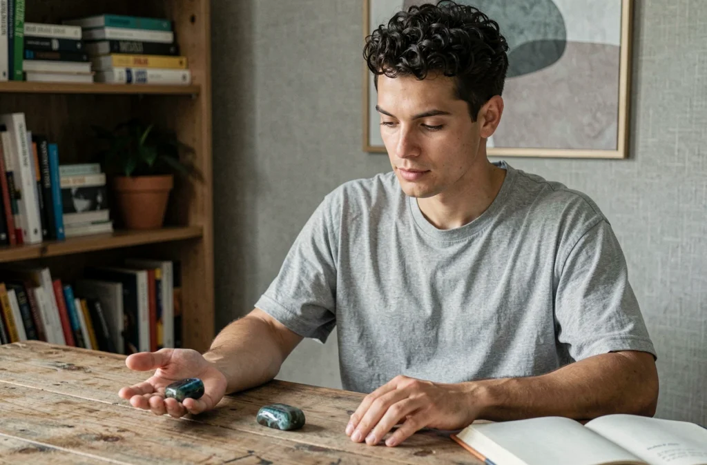 Homme au bureau tenant une pierre d'amazonite dans la main pour gérer le stress et l'anxiété au quotidien
