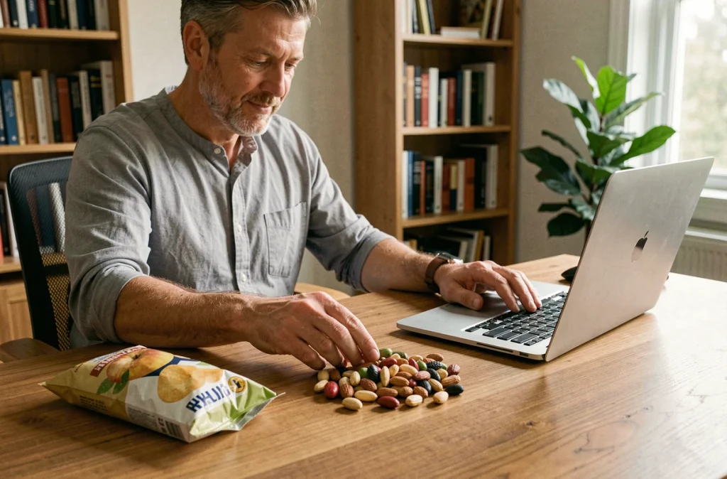 Homme au bureau remplaçant des chips par des noix et une pomme pour réduire le grignotage au travail