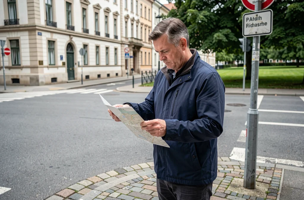 Homme étudiant une carte papier pour calculer une distance de marche en ville