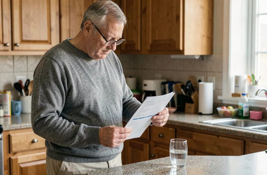 Homme âgé consultant un document médical dans sa cuisine, représentant la prise en charge silencieuse d'une maladie rénale chronique asymptomatique
