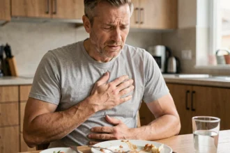 Homme d'âge mûr assis dans sa cuisine, main sur la poitrine et l'estomac, exprimant une gêne liée aux extrasystoles et aux troubles digestifs