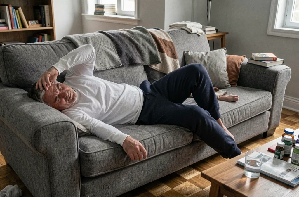 Homme souffrant de fibromyalgie allongé sur un canapé dans son salon avec médicaments visibles