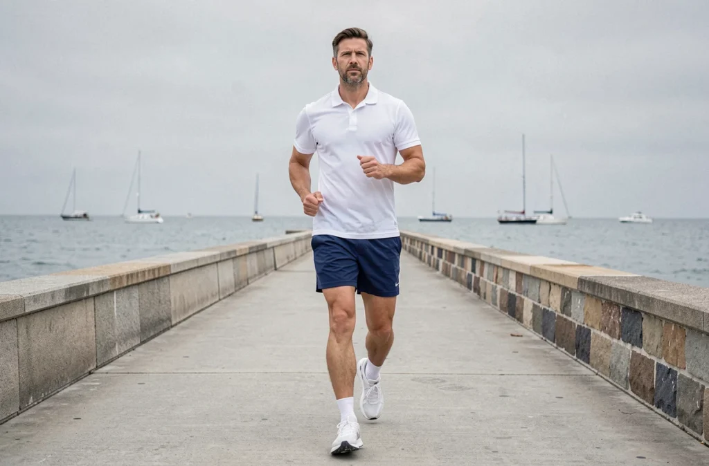 Homme pratiquant la marche rapide en bord de mer pour perdre du poids