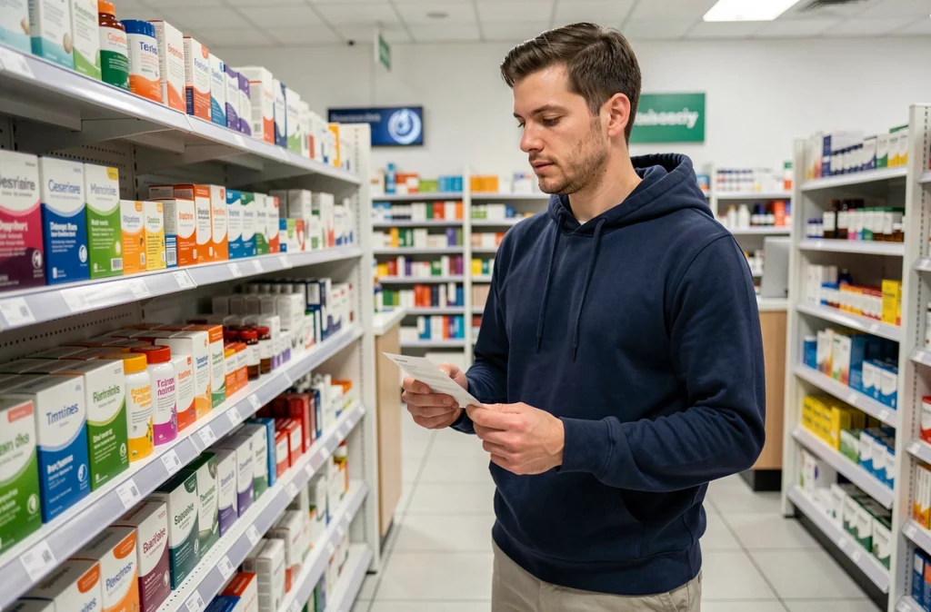 Homme consultant des produits en pharmacie pour troubles digestifs liés à la maladie de Crohn