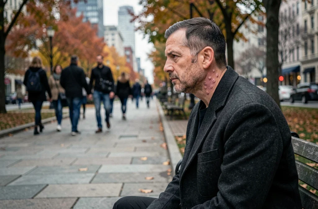 Homme atteint de psoriasis assis seul sur un banc de parc, illustrant l'isolement social et l'impact psychologique de la maladie dermatologique