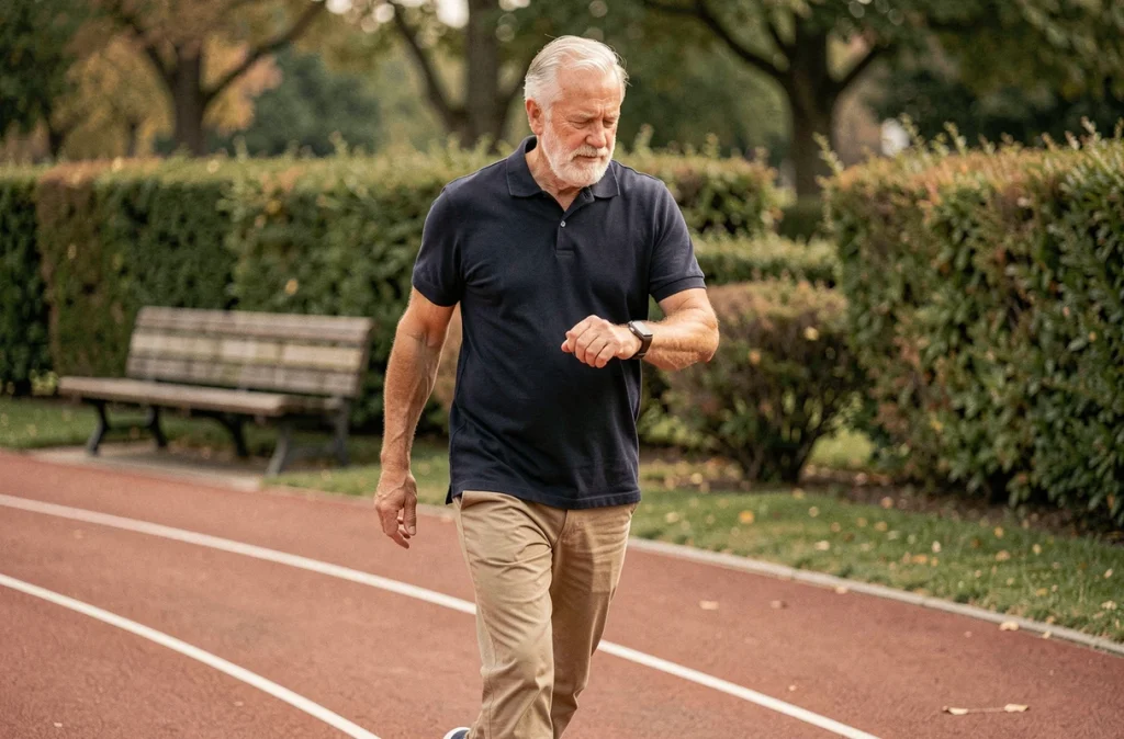 Homme senior mesurant sa vitesse de marche avec une montre connectée dans un parc public