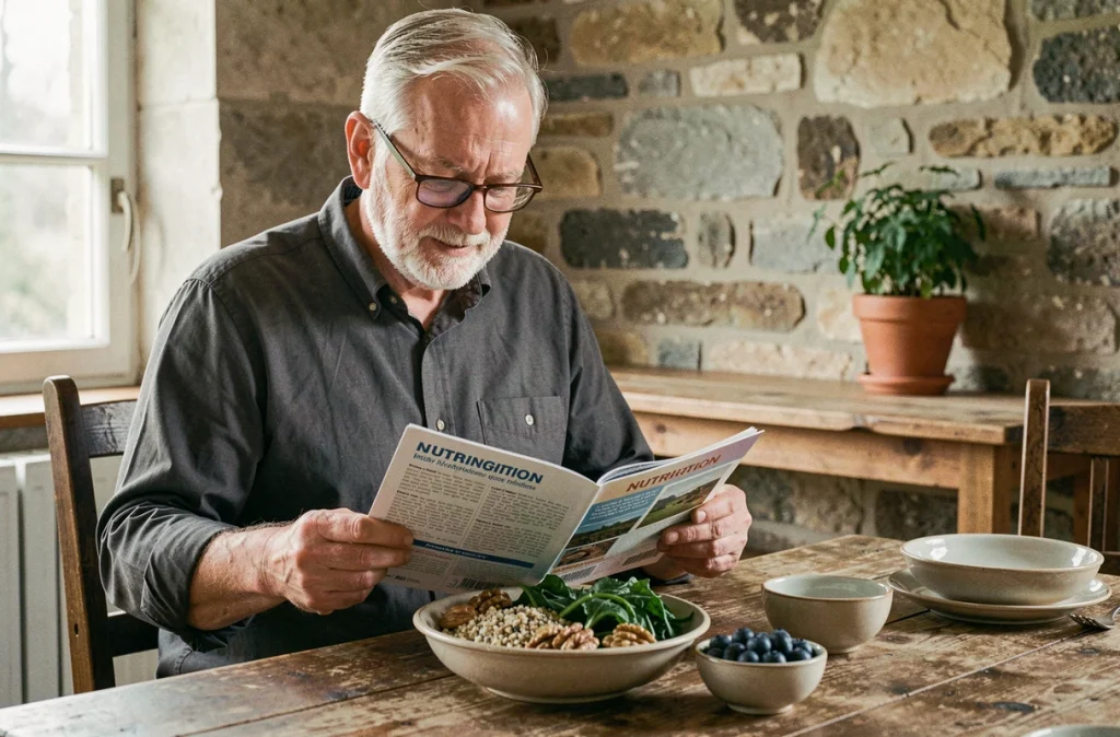 Homme senior consultant un guide nutritionnel devant un repas équilibré riche en superaliments pour renforcer l'immunité après 60 ans