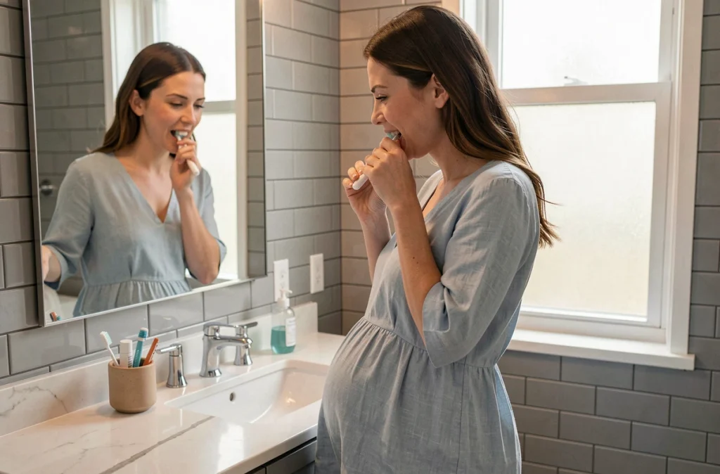Femme enceinte se brossant les dents devant le miroir de la salle de bain, routine d'hygiène bucco-dentaire