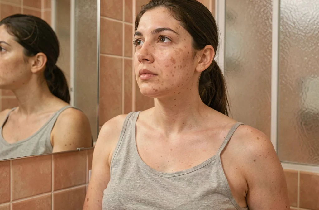 Femme enceinte observant les changements cutanés sur son visage et son décolleté dans un miroir de salle de bain, illustrant la mélanose et le masque de grossesse
