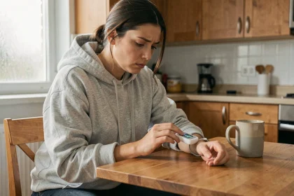 Jeune femme vérifiant son capteur de glycémie dans sa cuisine, illustrant le diabète de type 2 chez les jeunes adultes