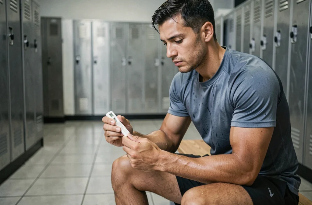 Jeune homme testant sa glycémie dans un vestiaire de salle de sport, représentant le diabète de type 2 chez les jeunes adultes actifs