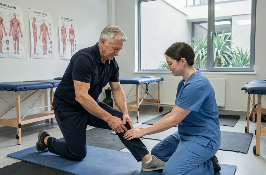 Un homme senior de 68 ans en séance de kinésithérapie pour traiter l'arthrose du genou dans un centre de rééducation moderne