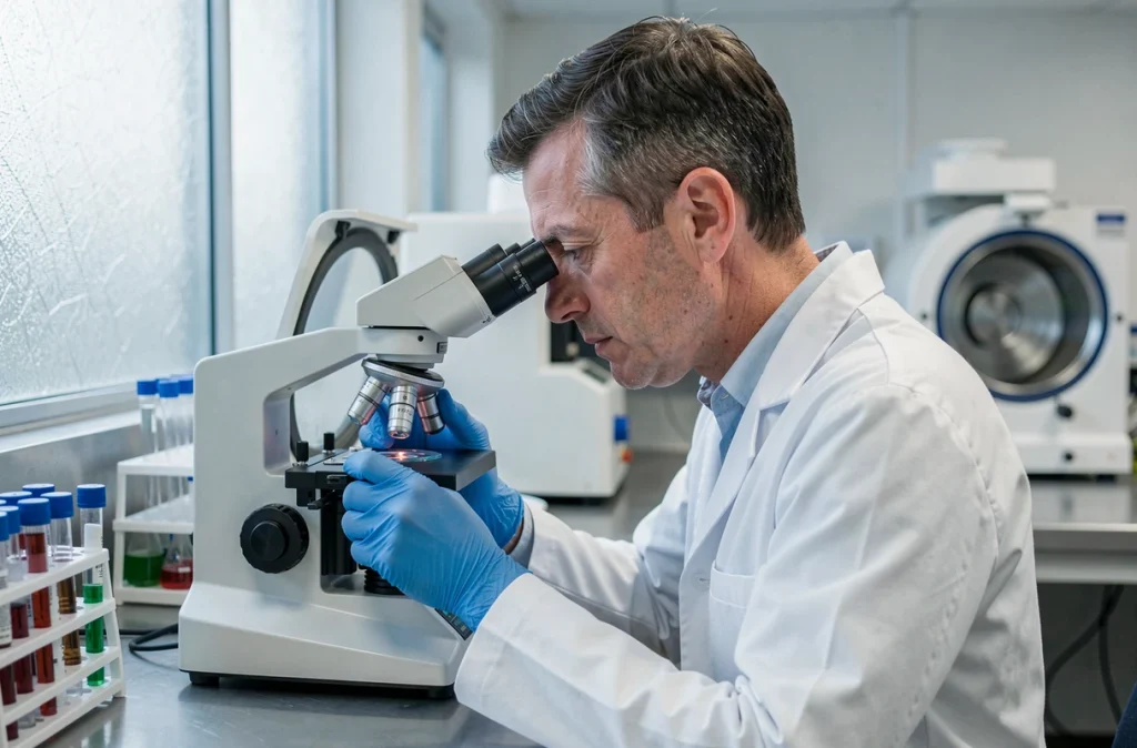 Technicien de laboratoire analysant un prélèvement pour détecter la borréliose de Lyme