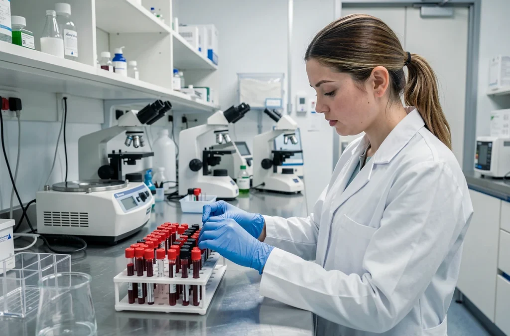 Technicienne de laboratoire analysant des échantillons sanguins pour le dépistage des hépatites virales