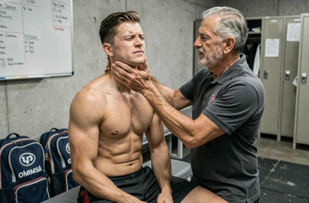 Un joueur de football professionnel reçoit une manipulation cervicale d'un ostéopathe dans les coulisses d'un stade français