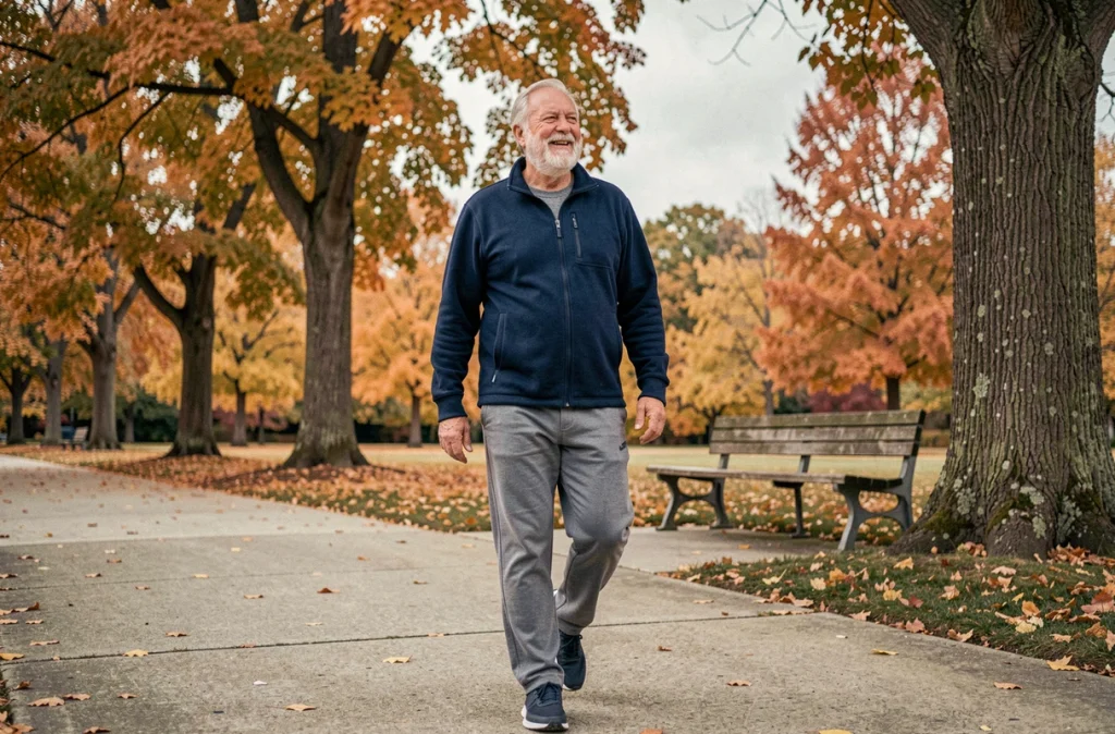 Homme senior de 72 ans marchant tranquillement dans un parc en automne pour maintenir sa mobilité