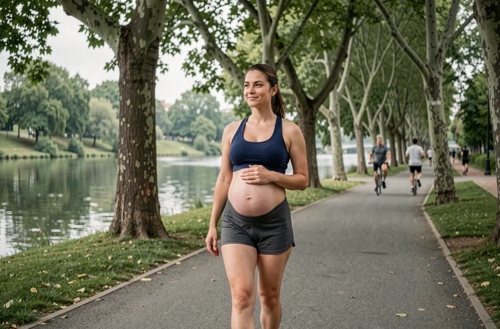 Femme enceinte marchant sur un chemin de bord de rivière en tenue de sport, représentant l'exercice physique adapté et bénéfique durant la grossesse