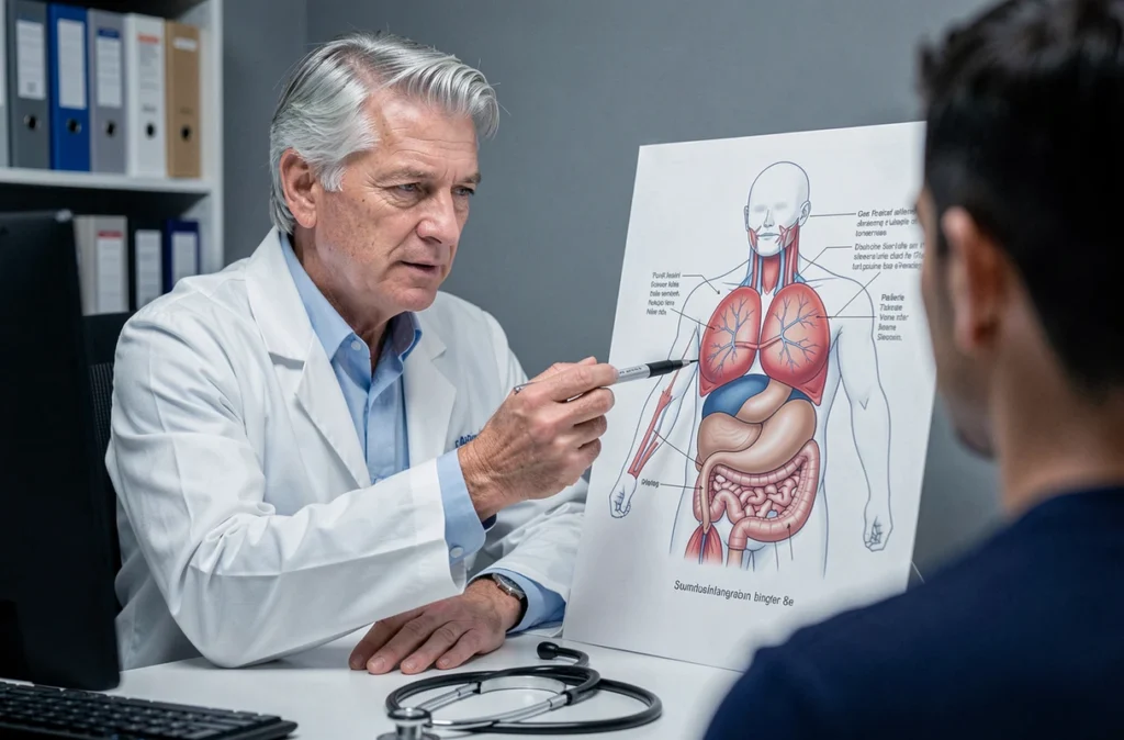 Médecin expliquant à un patient le lien entre les extrasystoles cardiaques et les troubles de l'estomac lors d'une consultation médicale