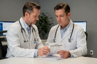 Médecin consultant des résultats d'analyse de ferritine élevée lors d'une consultation médicale en 2026