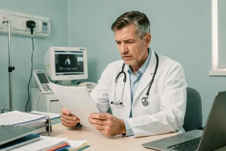 Médecin consultant un dossier médical sur les hépatites virales dans un cabinet hospitalier moderne