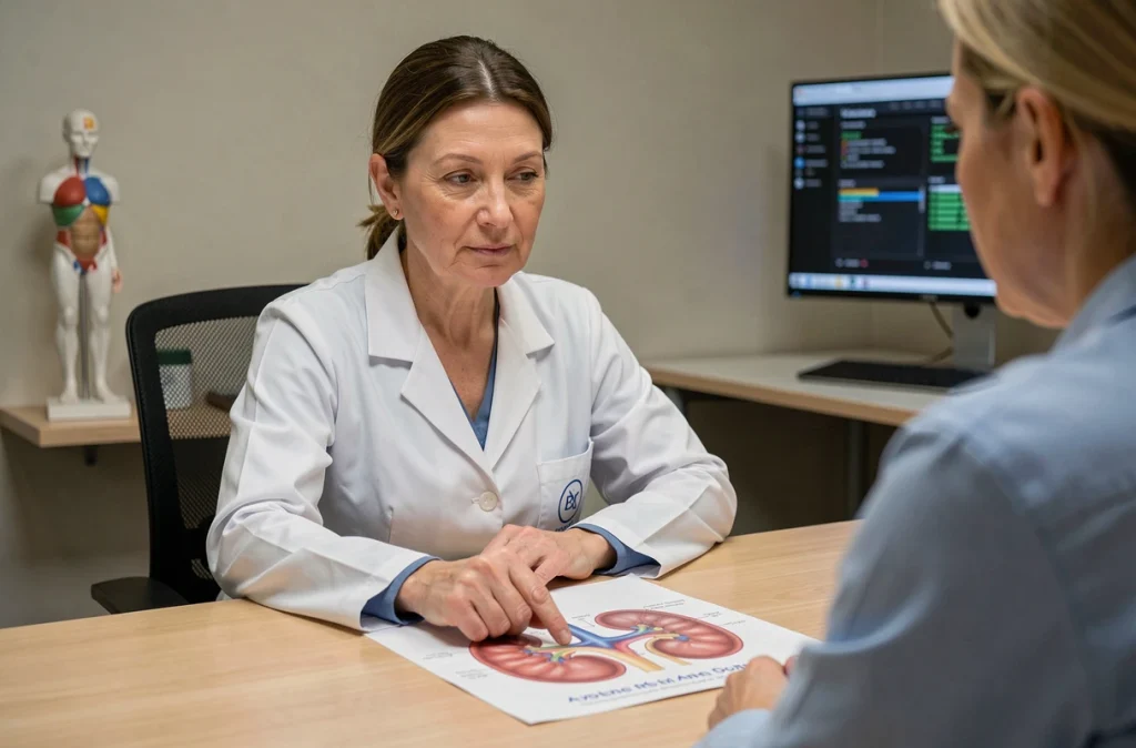 Néphrologue expliquant un schéma anatomique rénal à une patiente lors d'une consultation médicale sur l'insuffisance rénale chronique