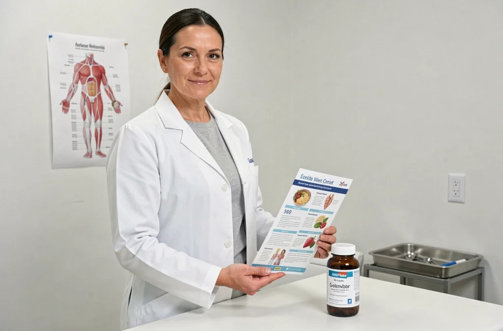 Nutritionniste présentant un complément alimentaire pour la glycémie dans un cabinet médical