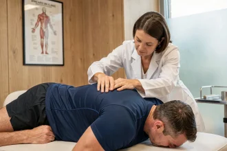 Un ostéopathe traite le dos d'un sportif professionnel allongé sur une table de soin dans une clinique sportive moderne