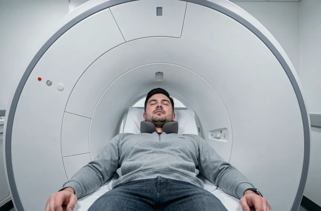 Patient allongé dans un scanner CT restant calme et serein pendant l'examen des sinus grâce à des techniques anti-anxiété