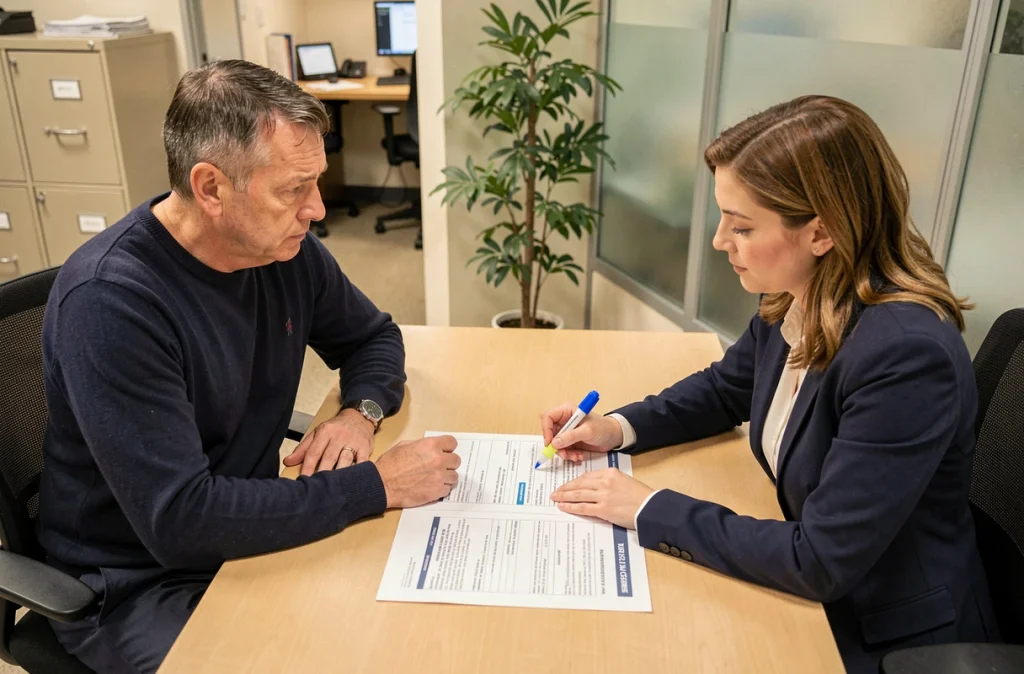 Patient discutant les mentions obligatoires de son devis PET scan avec un administratif hospitalier
